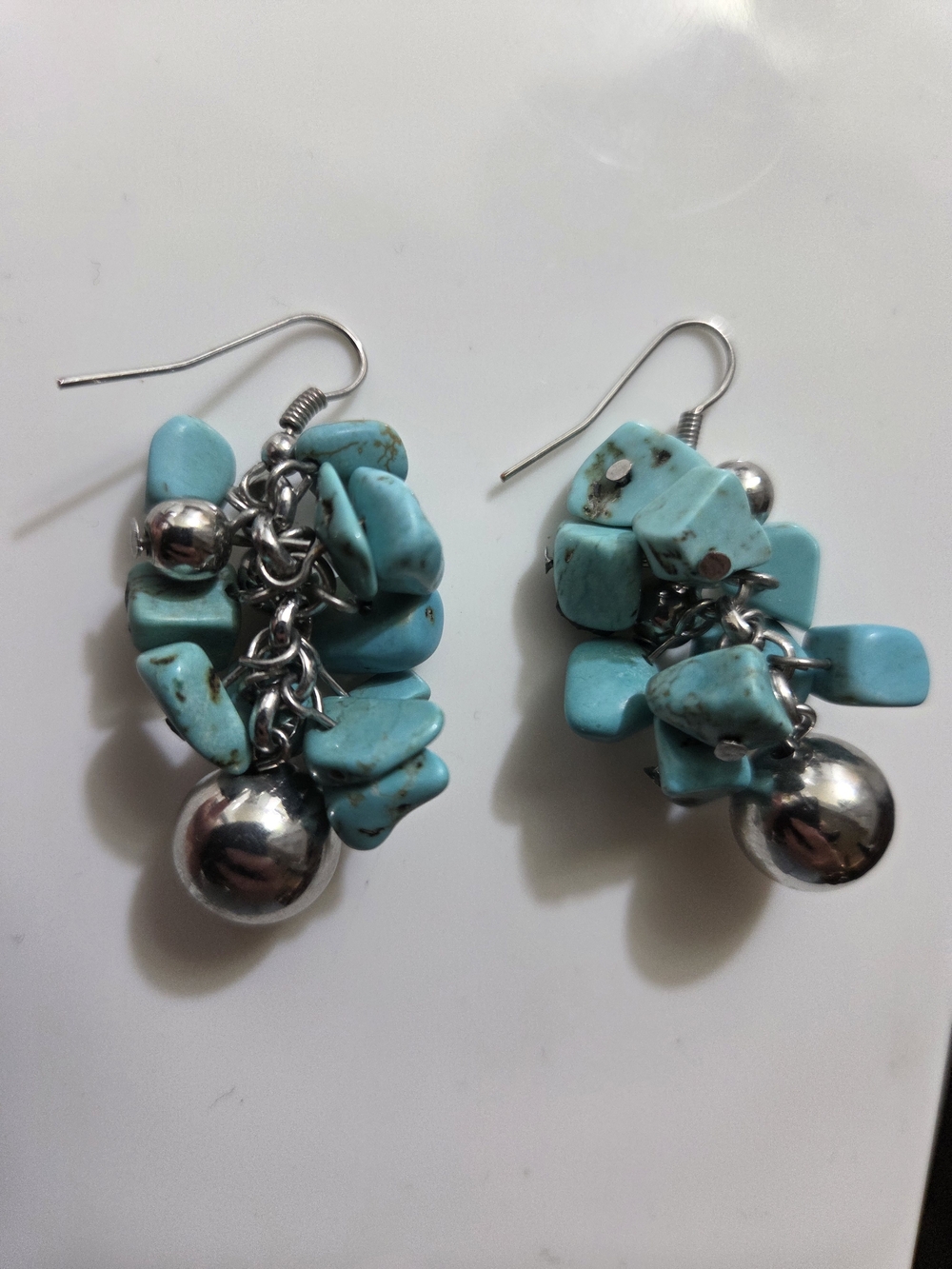 Genuine Turquoise Chip Cluster Dangle Earrings with Silver Beads